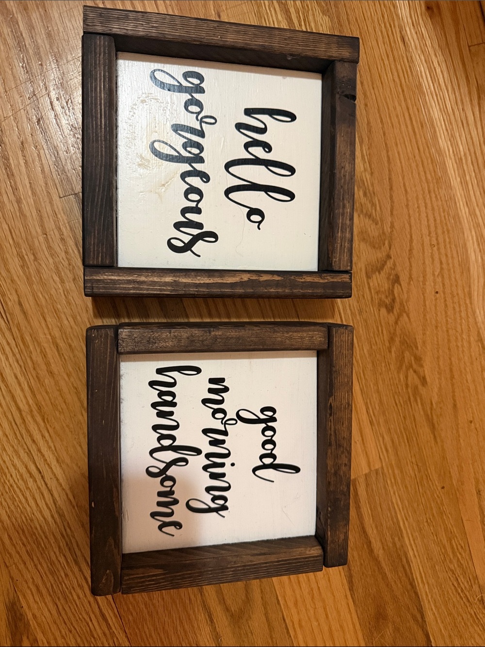 Rustic Wood Framed Script Wall Signs - Hello Gorgeous / Good Morning Handsome